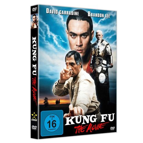 „David Carradine, Brandon Lee“, „Kung Fu The Movie“, FSK 16. Drei Männer in Kampfszenen, Wolken und Blitze im Hintergrund.