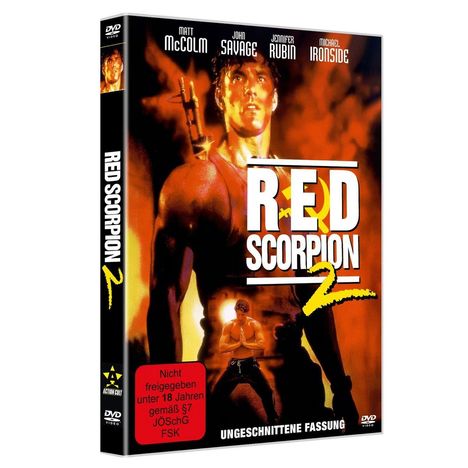 Text: "RED SCORPION 2", "Nicht freigegeben unter 18 Jahren", "UNGESCHNITTENE FASSUNG". 

Ein muskulöser Mann mit Gewehr und Flammenhintergrund.