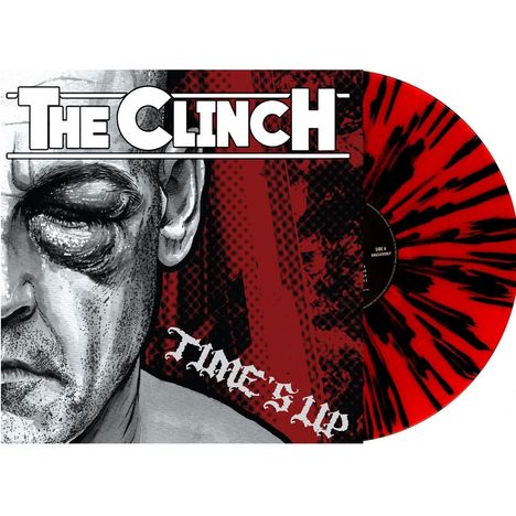 Text: "The Clinch", "Time's Up". Illustration: Gesicht eines Mannes mit geschwollenem Auge, rote Vinylplatte mit schwarzem Muster.