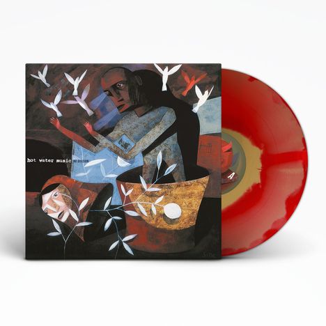 "hot water music no division" ist zu lesen. Eine abstrakte Illustration zeigt Figuren mit weißen Vögeln und Blättern.