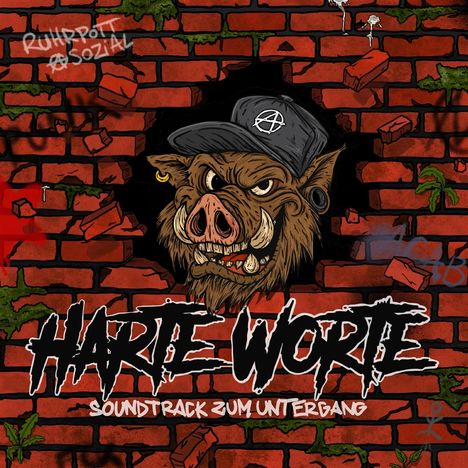 „Harte Worte: Soundtrack zum Untergang“ steht auf einer Backsteinwand mit einem grinsenden Wildschwein mit Cap.