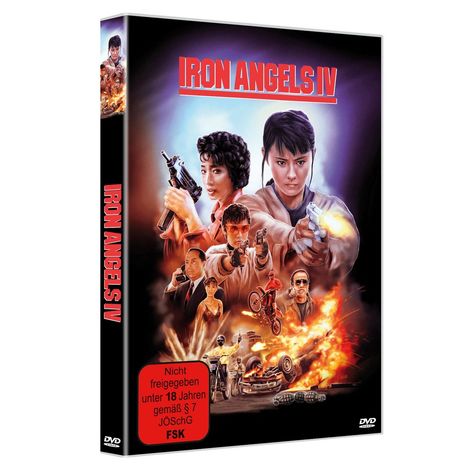 „IRON ANGELS IV“ in großen roten Buchstaben. Illustrationen von bewaffneten Personen und Explosionen. „Nicht freigegeben unter 18 Jahren“ Hinweis.