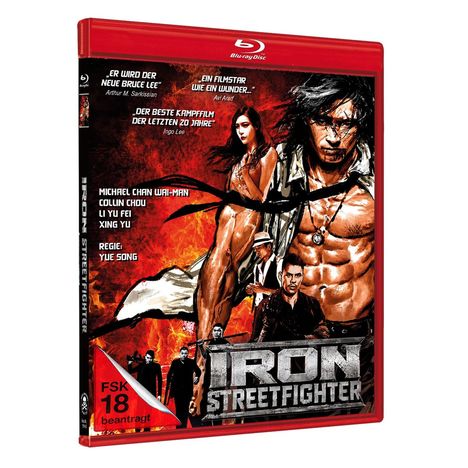 „IRON STREETFIGHTER“; „FSK 18 beantragt“; muskulöse Figuren vor einem flammenden Hintergrund, kämpferische Pose.