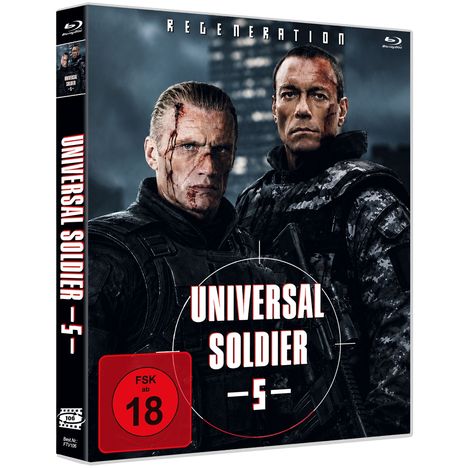 Oben steht "REGENERATION", mittig "UNIVERSAL SOLDIER 5", FSK 18 Logo, zwei ernst dreinblickende Männer in Kampfanzügen.