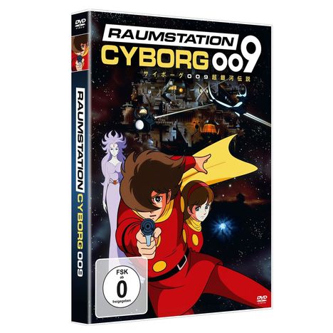 DVD-Cover: "RAUMSTATION CYBORG 009". Hauptfiguren in roten Anzügen, futuristische Raumstation im Hintergrund.