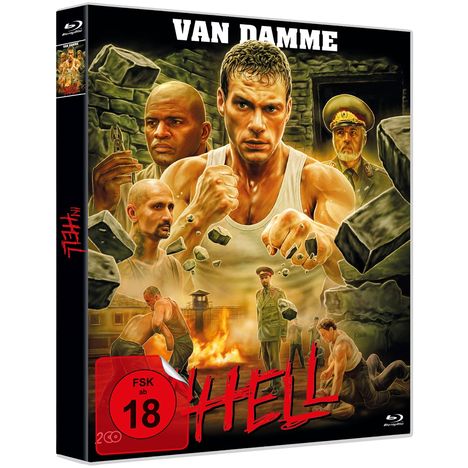 "FSK ab 18", "VAN DAMME", "HELL", Illustration mit einem muskulösen Mann im Vordergrund, andere Figuren und Flammen im Hintergrund.