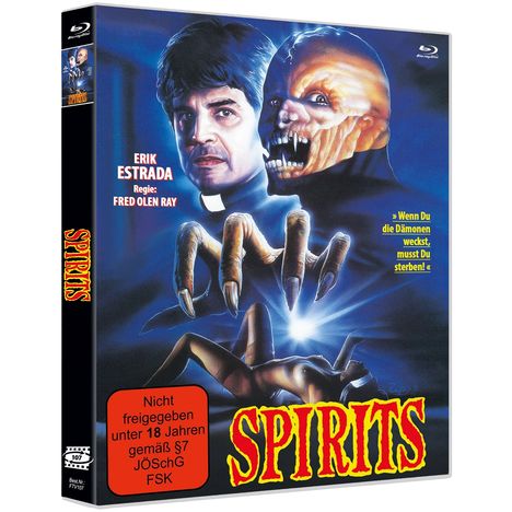 "Spirits" oben, Schauspieler Erik Estrada, Regie Fred Olen Ray. Gruseliges Gesicht und leuchtende Krallenhand im Hintergrund.
