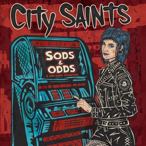 “City Saints”, “Sods & Odds”. Eine Illustration: Frau in Lederjacke vor einer Jukebox. Punk-Stil, rote und blaue Farben.