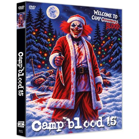 Text: „Camp blood 15“, „Welcome to Camp Christmas BLOOD“. Illustration: Ein böser Clown im blutigen Weihnachtskostüm.