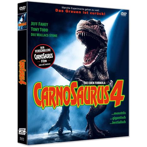 "Carnosaurus 4" DVD-Cover mit einem furchterregenden Dinosaurier, darunter Namen von Schauspielern und Slogans in auffälligen Farben.