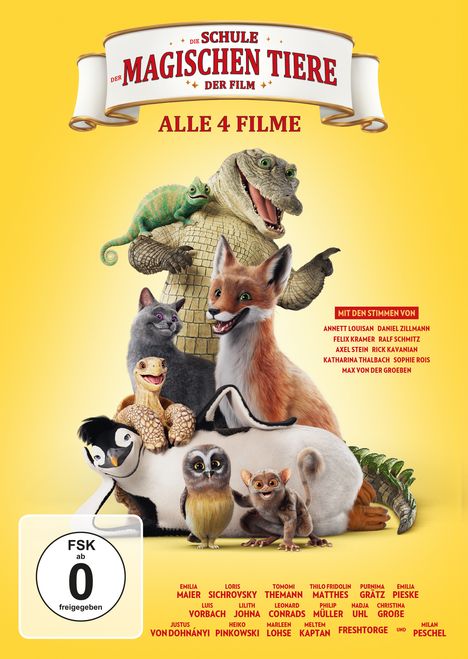 "Die Schule der magischen Tiere - Der Film. Alle 4 Filme" steht oben. Verschiedene animierte Tiere auf gelbem Hintergrund.