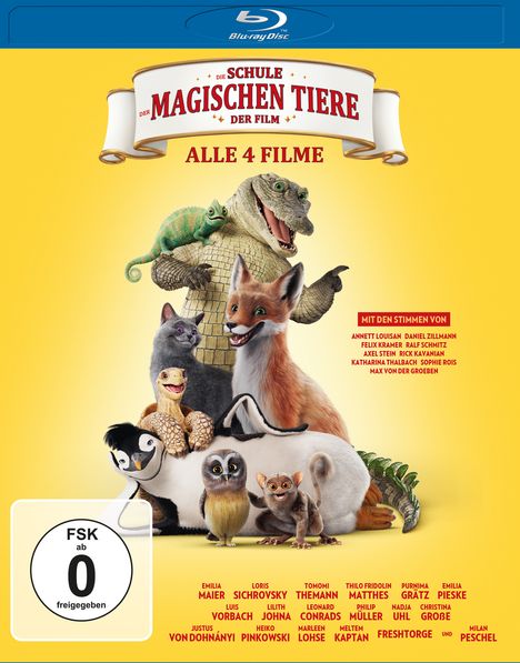 "Die Schule der magischen Tiere - Der Film. Alle 4 Filme, FSK ab 0 freigegeben." Verschiedene sprechende Tiere.