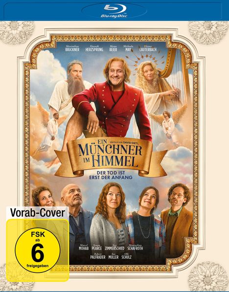 "Ein Münchner im Himmel" mit Darstellern und dem Text "Der Tod ist erst der Anfang". FSK ab 6. Himmels und Wolkenmotiv.