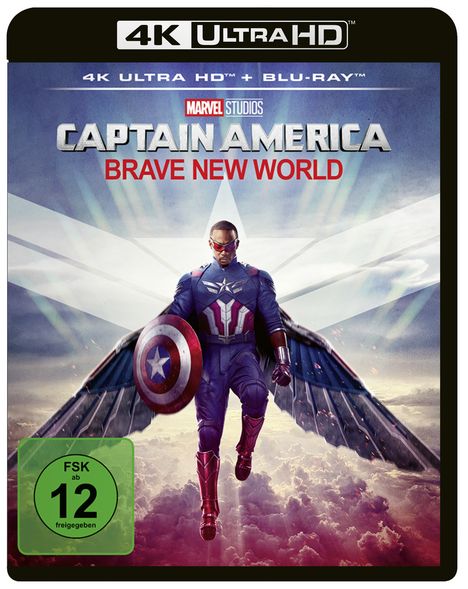 "4K ULTRA HD", "CAPTAIN AMERICA, BRAVE NEW WORLD", "FSK ab 12 freigegeben". Superheld mit Flügeln und Schild in der Luft.