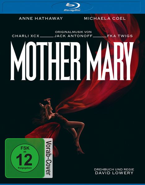 "Mother Mary" in großen weißen Buchstaben. Frau in rotem Kleid schwebt elegant, grünes FSK 12 Siegel unten links.