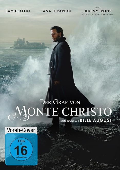 „Der Graf von Monte Christo“ in großen Buchstaben, FSK 16 Hinweis, Silhouette eines Mannes vor stürmischer Küste.