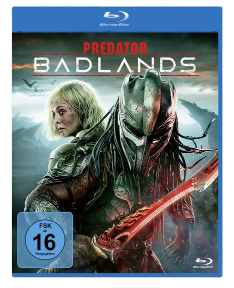 "Predator Badlands" oben, "FSK ab 16 freigegeben" unten. Ein Krieger in Rüstung mit Maske hält ein rotes Schwert.