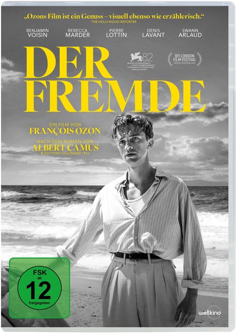 „Der Fremde“ von François Ozon, nach dem Roman von Albert Camus. Darunter ein Mann am Strand, FSK-12-Logo.