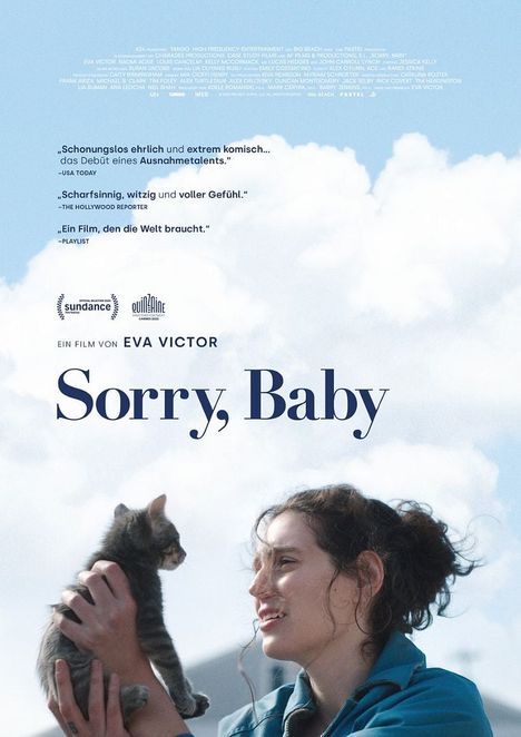 „Sorry, Baby“ Filmplakat mit Zitaten. Frau hält Katze vor blauem Himmel mit Wolken.