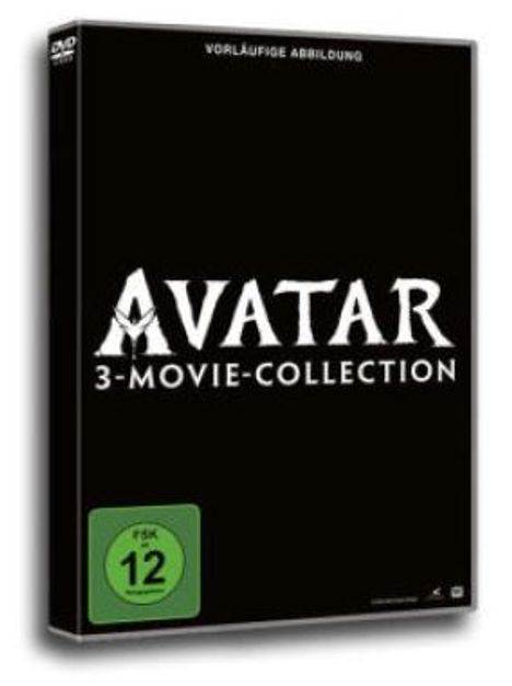 Text: "Avatar 3-Movie-Collection", "Vorläufige Abbildung", "FSK 12". Schwarze DVD-Hülle.
