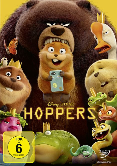 "FSK ab 6 freigegeben" steht unten links. Comic-Tiere umgeben einen aufrecht stehenden Biber mit Smartphone.