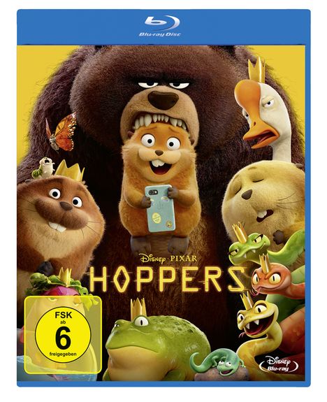 Text: "Disney PIXAR Hoppers", "FSK ab 6 freigegeben". Illustration mit fröhlichen Tieren, darunter ein Bär und Nagetier.