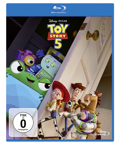„FSK ab 0 freigegeben“, „Disney Pixar Toy Story 5“. Figuren spähen vorsichtig hinter einer Tür hervor.