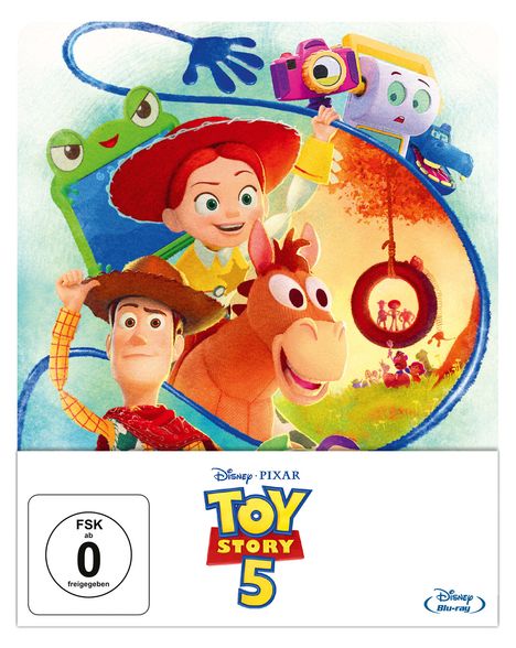 Text: "TOY STORY 5", "FSK ab 0 freigegeben". Illustration mit Figuren aus dem Film und spielerischem Hintergrund.