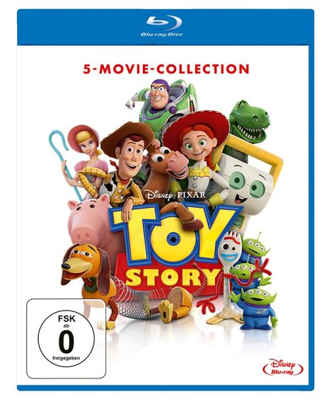 „5-Movie-Collection“ steht oben. Darunter bunte Figuren aus „Toy Story“, wie ein Cowboy, ein Astronaut und mehr.