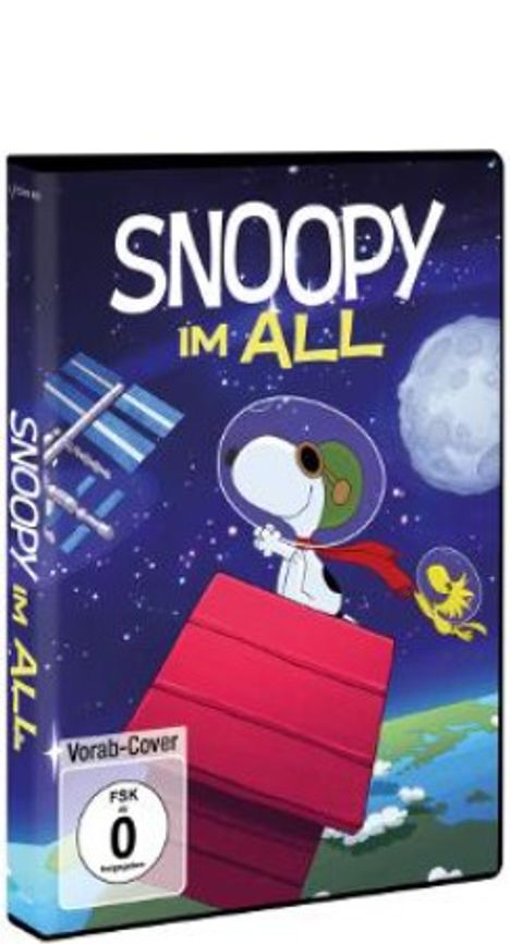 "SNOOPY IM ALL" in großen Buchstaben. Illustration: Snoopy im Raumanzug auf seiner Hundehütte; Planet Erde im Hintergrund.