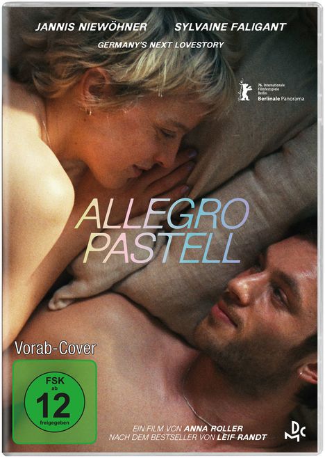 Text: "Jannis Niewöhner, Sylvaine Faligant, Germany's Next Lovestory, Allegro Pastell, Vorab-Cover, FSK ab 12 freigegeben". Zwei Personen im Bett.