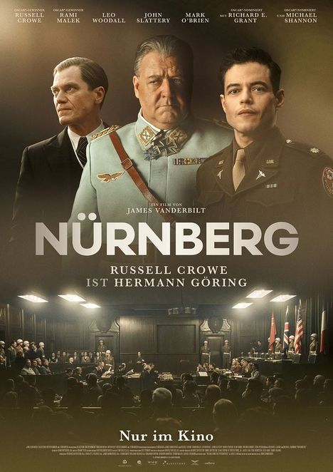 "NÜRNBERG" steht im Mittelpunkt, darunter "Russell Crowe ist Hermann Göring". Darunter eine Gerichtsszene mit vielen Menschen.