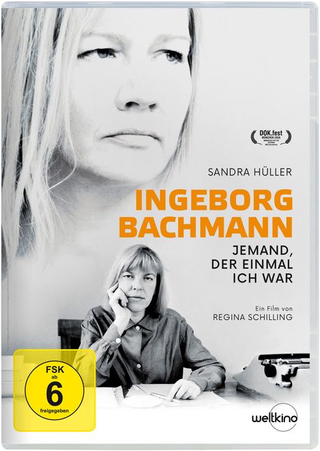 Text: "Sandra Hüller. Ingeborg Bachmann: Jemand, der einmal ich war. Ein Film von Regina Schilling."  
Frau schaut nachdenklich.