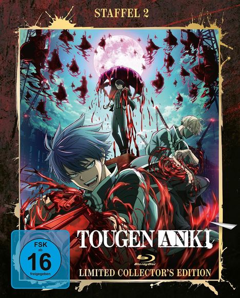 „STAFFEL 2“, „TOUGEN ANKI“, „LIMITED COLLECTOR’S EDITION“, „FSK ab 16“. Anime-Charaktere, Blut und Vollmond im Hintergrund.