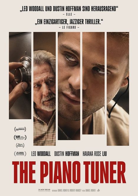 „Leo Woodall und Dustin Hoffman sind herausragend.“ „Ein einzigartiger, jazziger Thriller.“ Fünf Bildstreifen zeigen Gesichter.