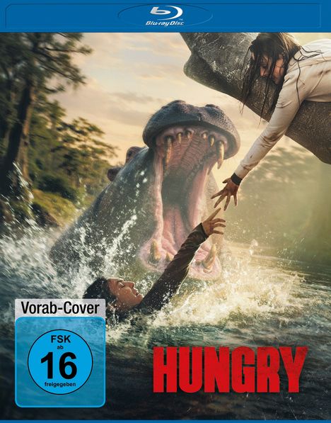 Text: "Vorab-Cover", "FSK ab 16 freigegeben", "HUNGRY". Szene mit aggressivem Nilpferd im Wasser, Menschen in Gefahr.