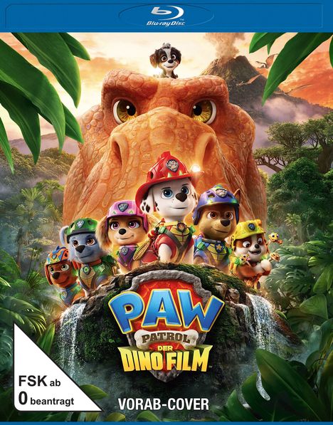 „PAW Patrol: Der Dino Film“ oben; „Ein dino-starkes Abenteuer“, „Nur im Kino“. Hunde mit Dino in tropischer Landschaft.