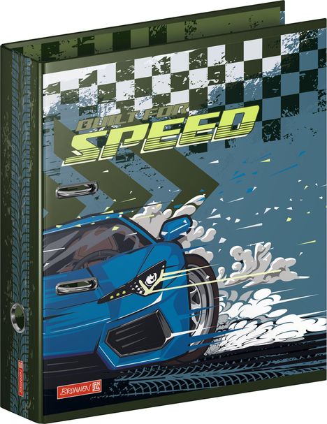 Text "BUILT FOR SPEED" in großen Buchstaben, Illustration: Blaues Auto auf Rennstrecke mit Reifenspuren und Schachbrettmuster.