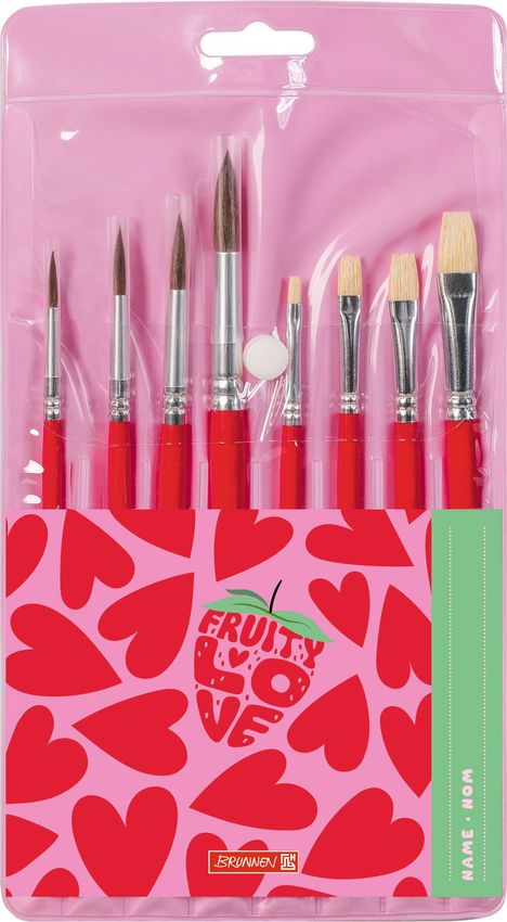 Text: "Fruity Love", "Name · Nom". 

Acht rote Pinsel auf rosa Herz-Hintergrund. Verpackung in Rosa. 