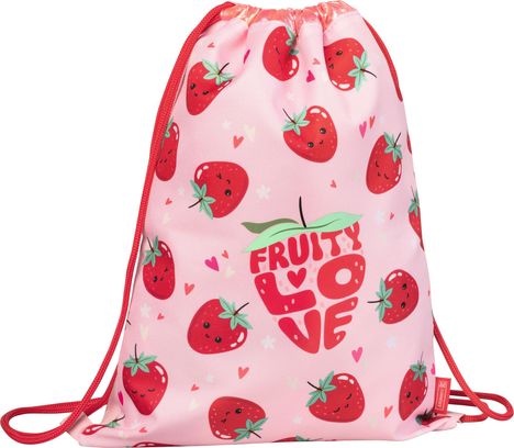 Text: "FRUITY LOVE." Illustration: Fröhliche Erdbeeren auf rosa Hintergrund mit roten Herzchen und Kordeln.