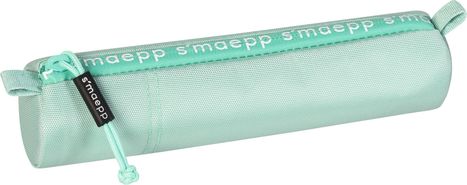 Mintgrünes, zylindrisches Täschchen mit dem Text "smaepp" in Weiß; hat einen Reißverschluss und eine Schlaufe.