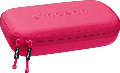 Der Text "smaepp" ist zweimal sichtbar. Ein pinkes Etui mit einem Reißverschluss und zwei Zippern in Pink.