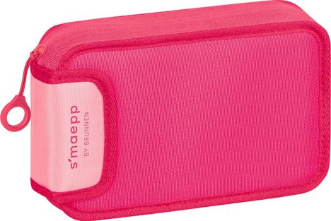 "Smaepp by Brunnen" auf pinkem Etui, Reißverschluss mit rundem Anhänger, rechteckige Form.