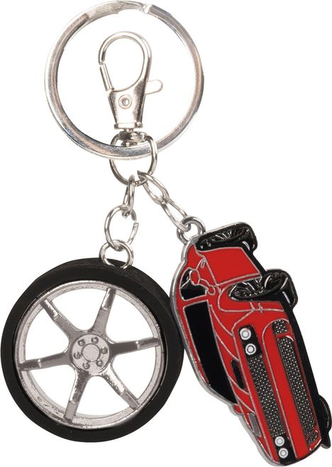 Ein Schlüsselanhänger mit einem silbernen Rad und einem roten Auto.