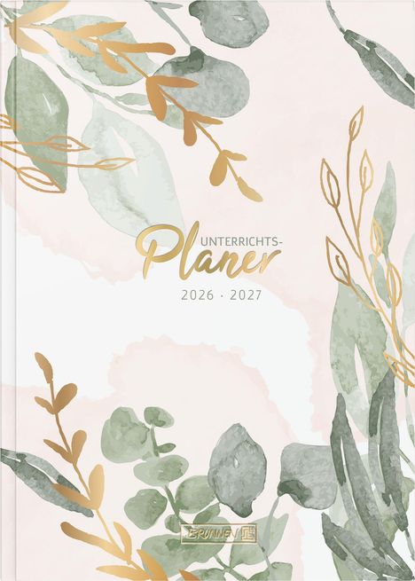 "UNTERRICHTS-Planer 2026-2027" in goldener Schrift. Aquarellblätter in Grün- und Goldtönen auf hellem Hintergrund.