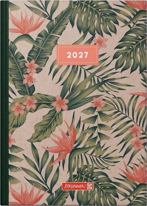 „2027“ in einem rosa Feld. Üppige grüne Blätter und rosa Blüten bilden ein florales Muster.