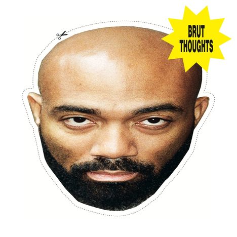 Text „BRUT THOUGHTS“ in einem gelben Stern. Zu sehen ist ein Gesicht mit Bart in einer ausgeschnittenen Form.