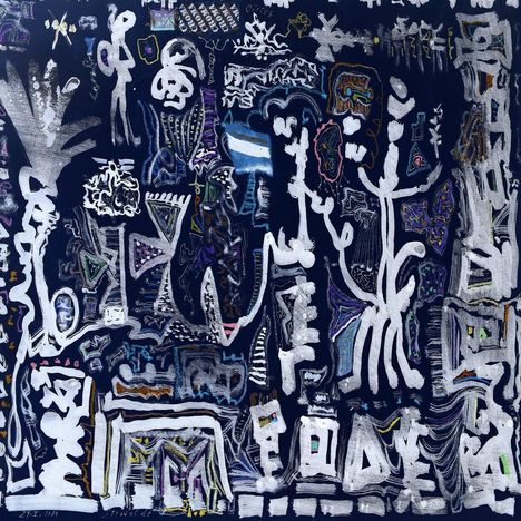 Chaos, Circus und Gekritzel in weiß und bunten Farben mit abstrakten Formen und Figuren.