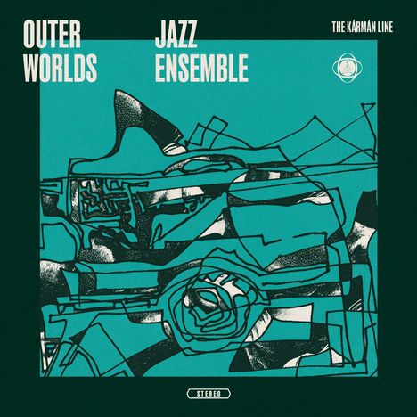 "Outer Worlds Jazz Ensemble" oben in Weiß, darunter abstrakte, schwarz-grüne Linien und Formen auf türkisfarbenem Hintergrund.