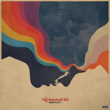 "Kronstad 23, Dødehavet" lautet der Text. Eine bunte Wellenform strömt aus einem Profilkopf. Vintage-Stil.